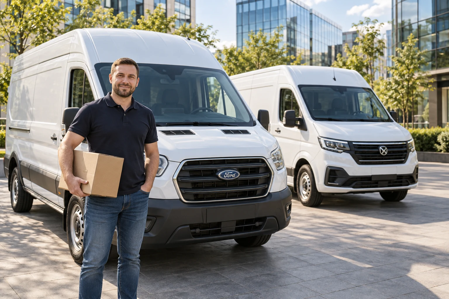 Водитель с посылкой рядом с Ford Transit и Sollers Atlant